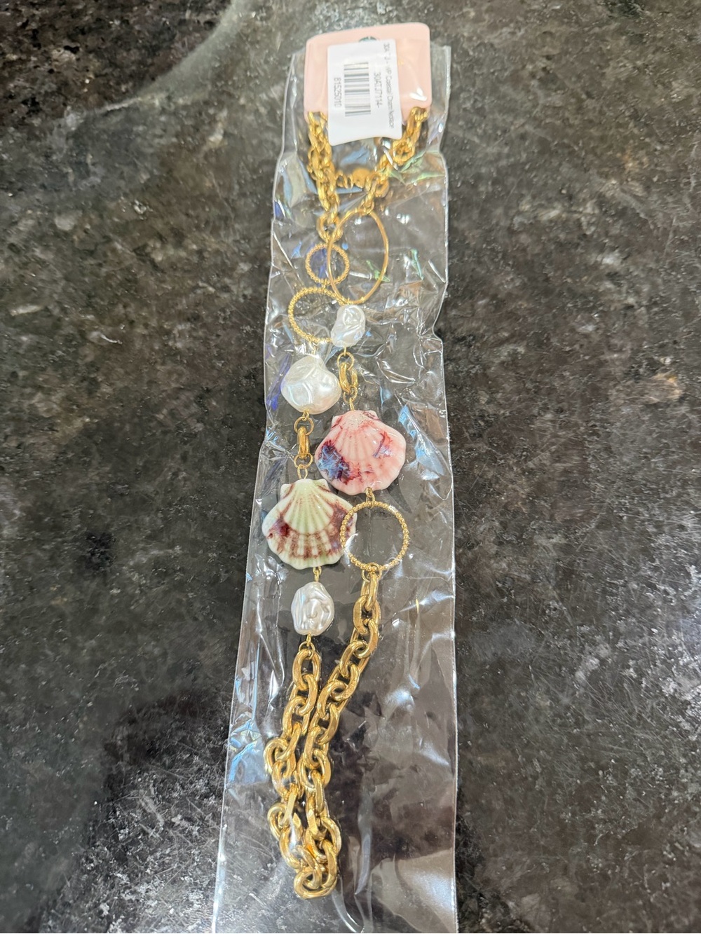 Gold Chain Necklace with Pink Shell Charms and Pearlescent Accents